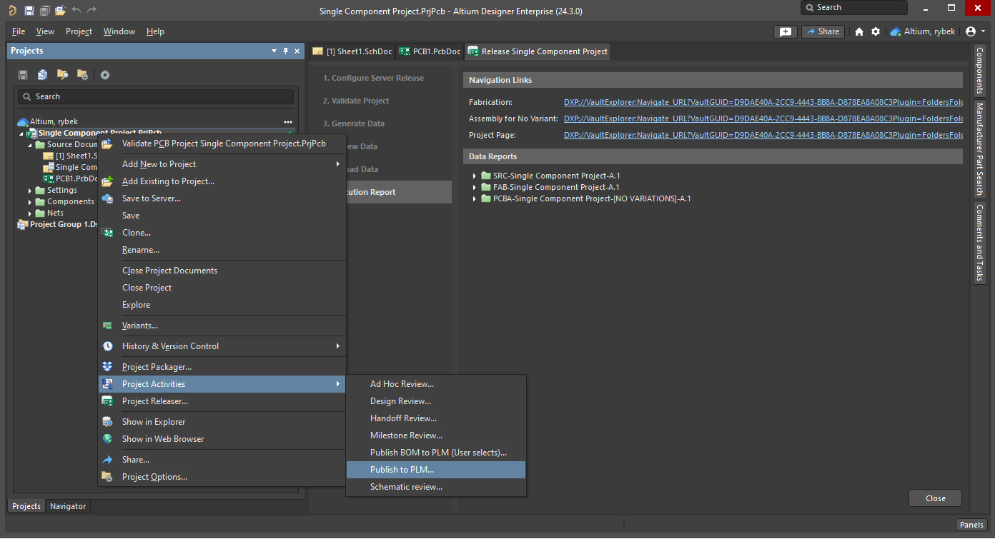 Publish Project menu